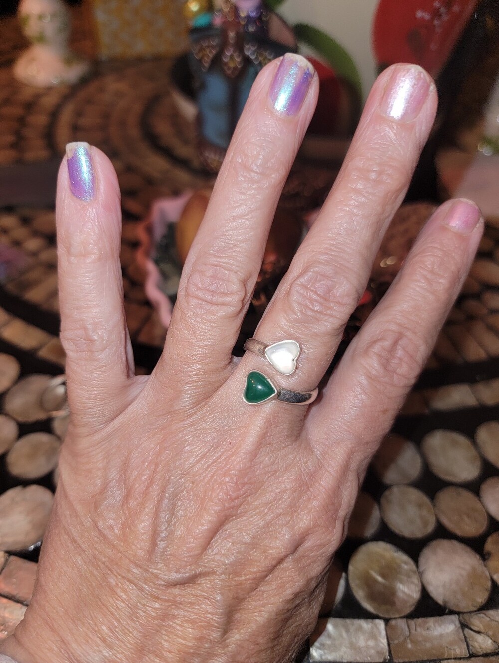 Double Hearts Bypass Ring Green Chalcedony Opalite